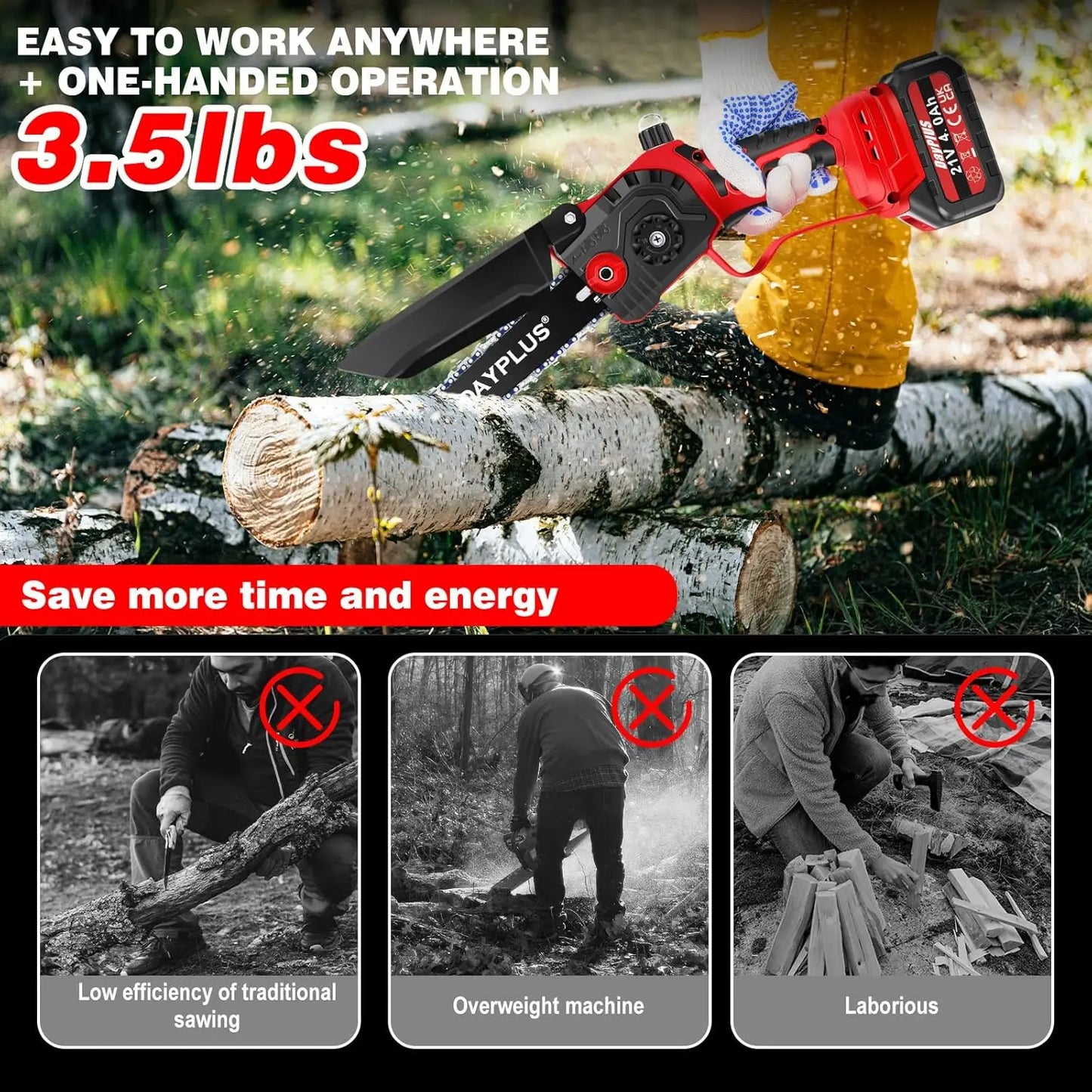 8 inch Brushless Mini Chainsaw 21V Cordless Handheld for Pruning Trees and Branches Wood Cutting with 4000mAh Battery