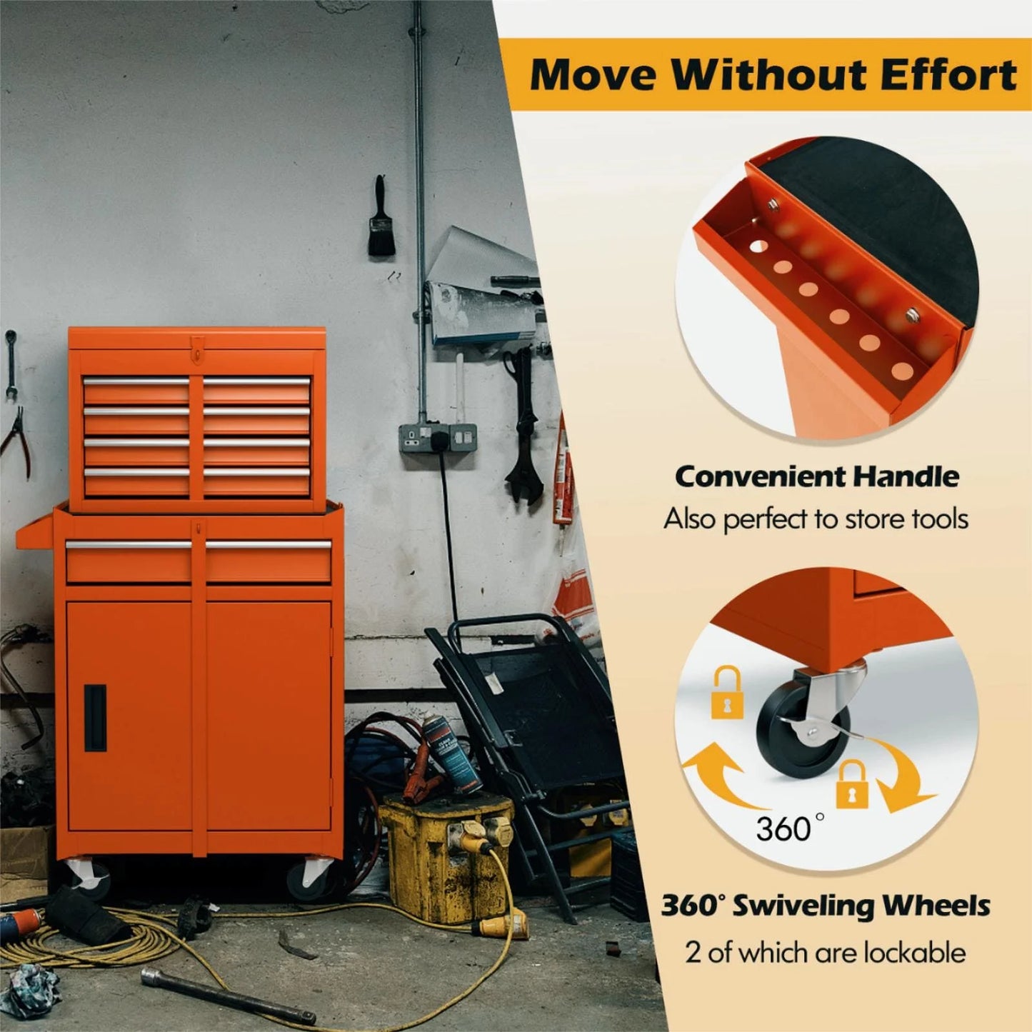 ERGOMASTER 5-Drawer Rolling Tool Chest High Capacity Tool Storage Cabinet-Orange