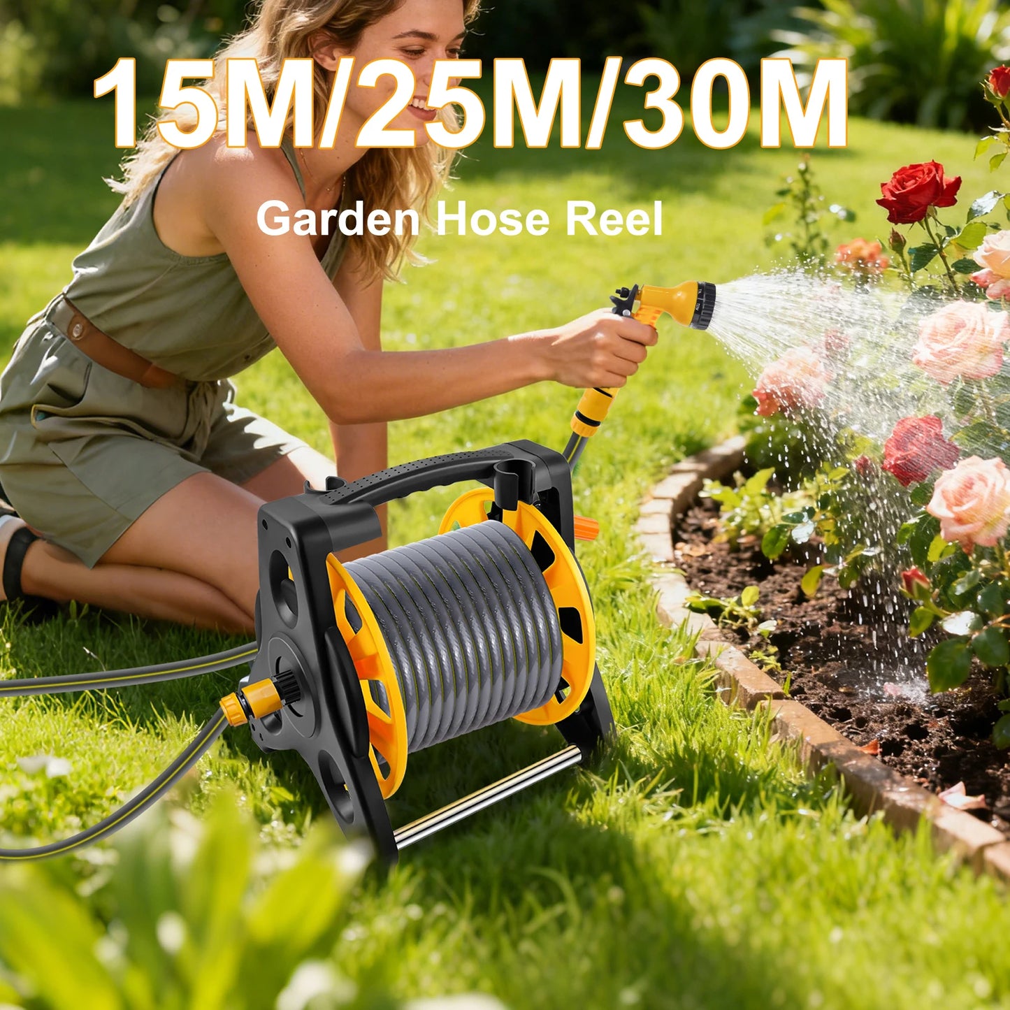 15/25/30M Garden Hose Reel Floor Standing Heavy Duty with Nozzle 7 Patterns & Fittings