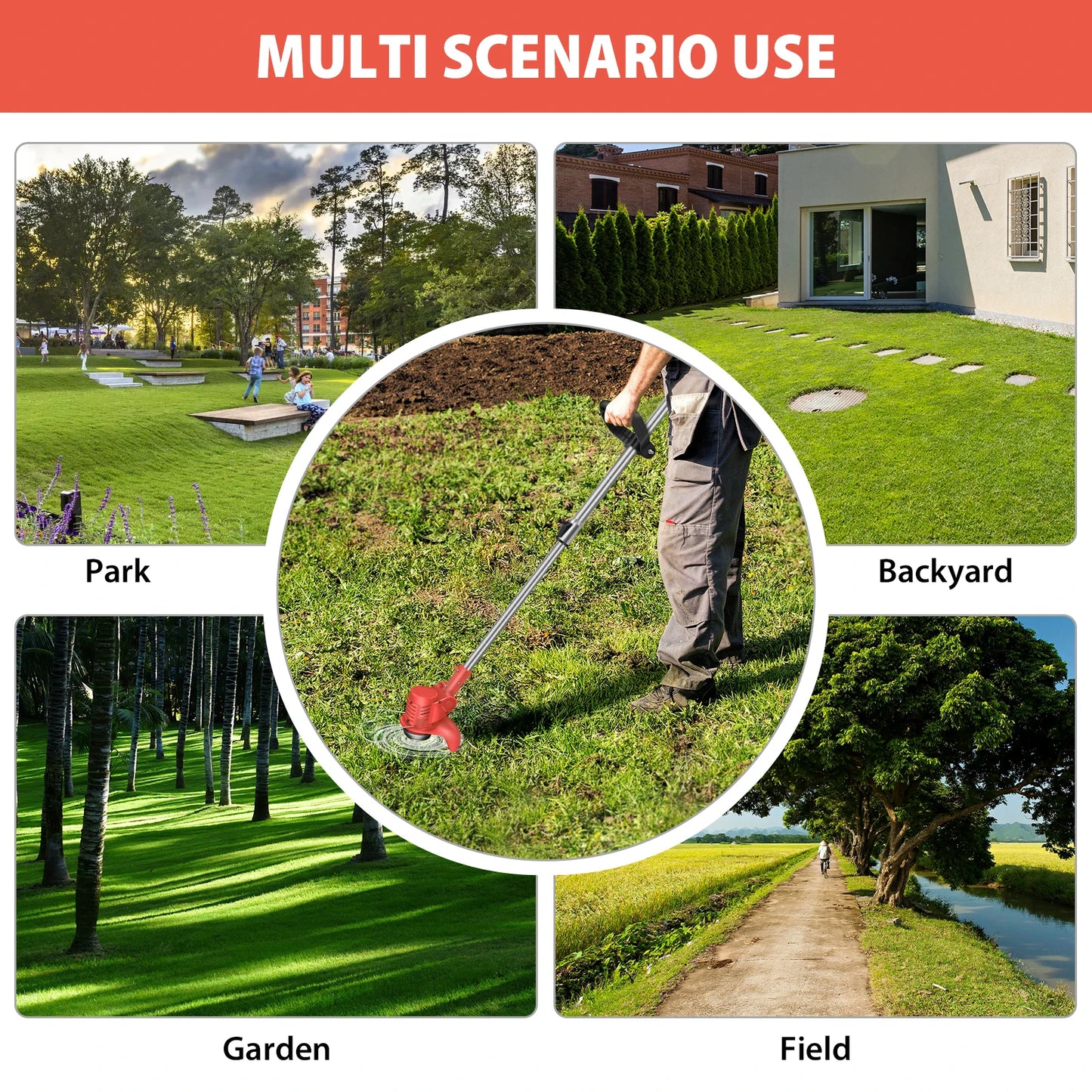 21V Cordless Weed Wacker 3 in 1 Rechargeable Electric for Lawn Garden Yard,With Battery,Red