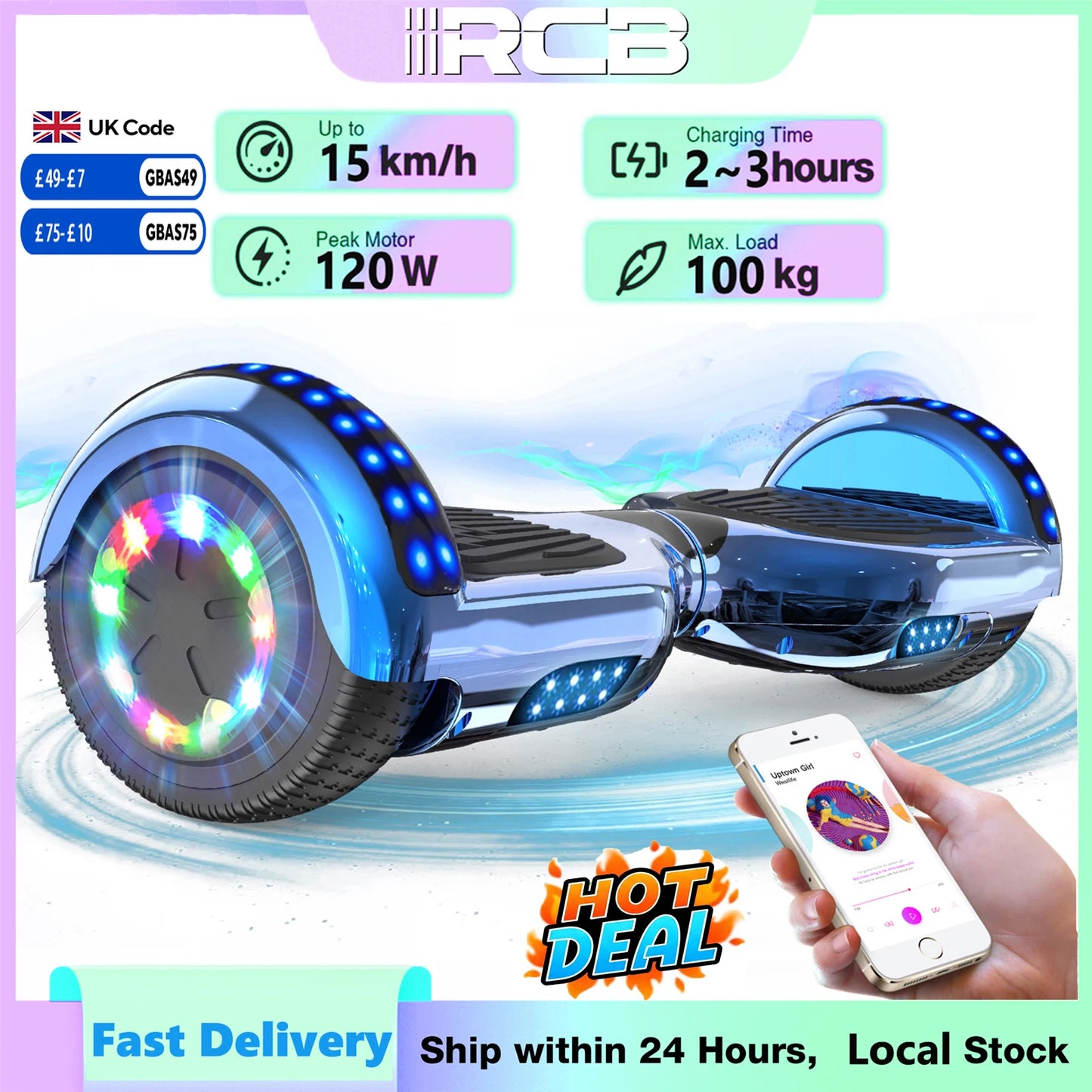 RCB Kids Hoverboard 6.5 Inch Self Balancing Electric Scooter 2 Wheel with Speaker LED Lights