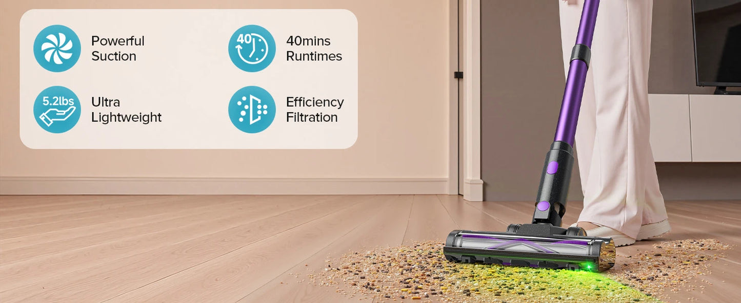 Lubluelu P4 Cordless Vacuum Cleaner 36Kpa Suction, 40Mins Runtime, Self-Standing for Hard Floor Carpet