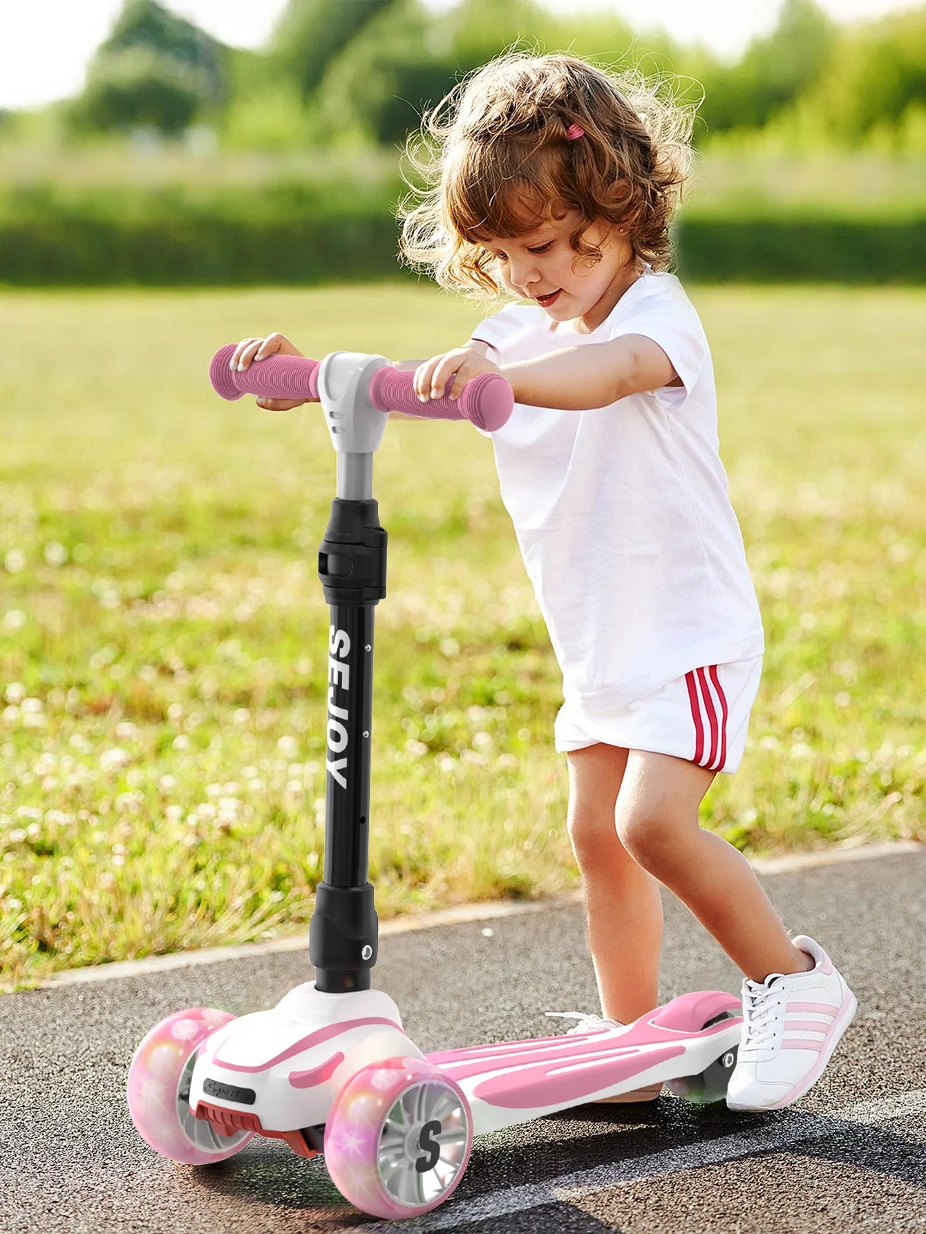 SEJOY Kick Scooter for Kids with 3 Light Up Wheels and Adjustable Height, Foot Scooters