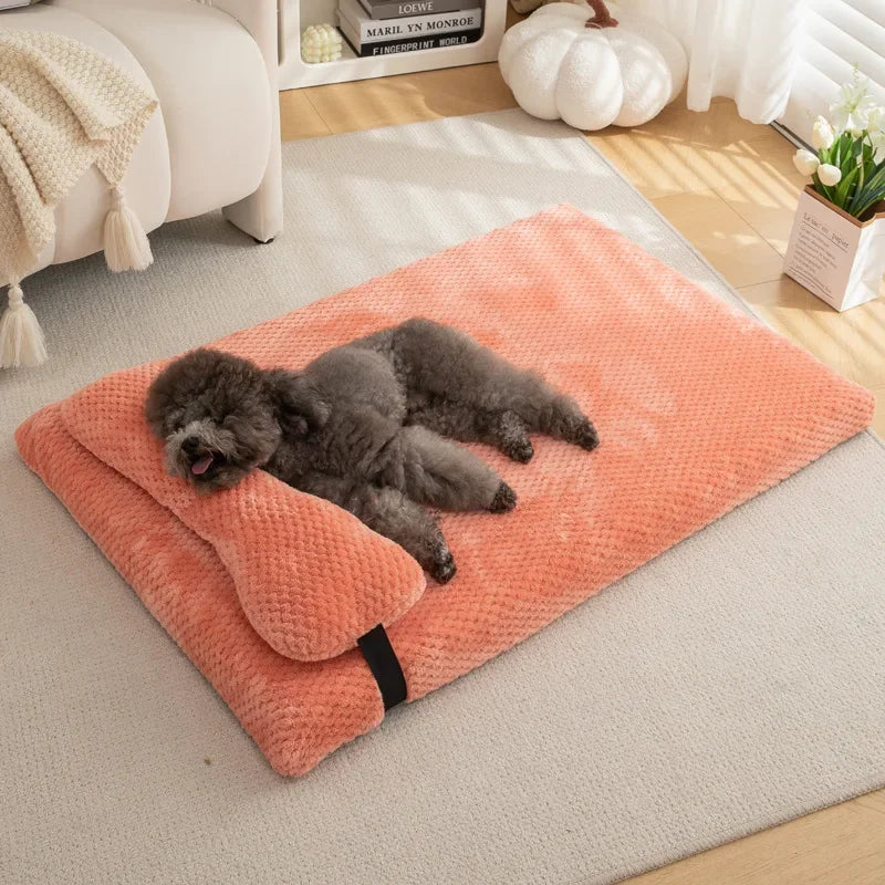 Warm Calming Bed with Pillow Fluffy Plush Mat, Removable Washable Cover for Large Medium Small Dogs and Cats