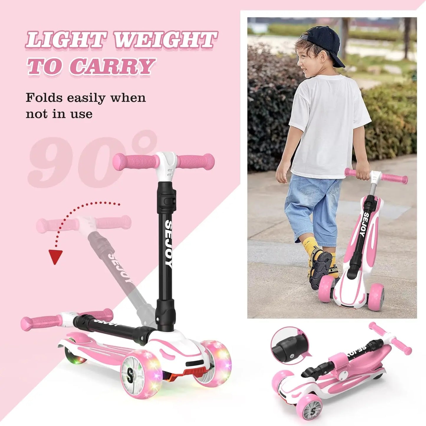 Sejoy Baby Scooter with LED Wheels Adjustable Height, Foldable Design & Dual Modes 2-8 Years