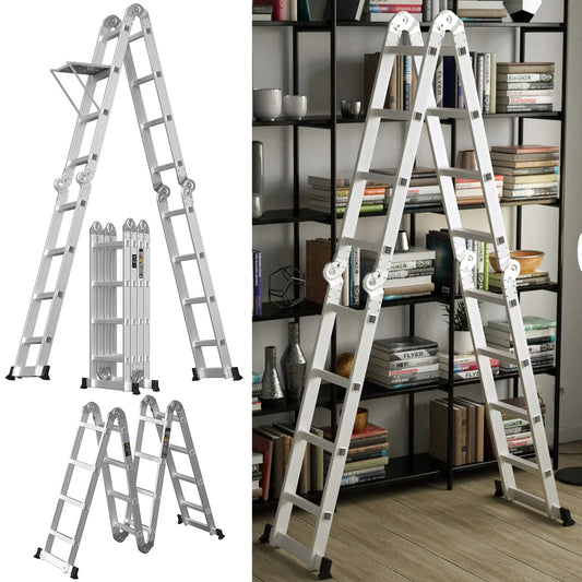 Multi-Purpose 4.7m/15.4ft Folding Ladder Aluminium Extension with Safety Platform, 16 Steps Heavy Duty 14 IN 1 Combination
