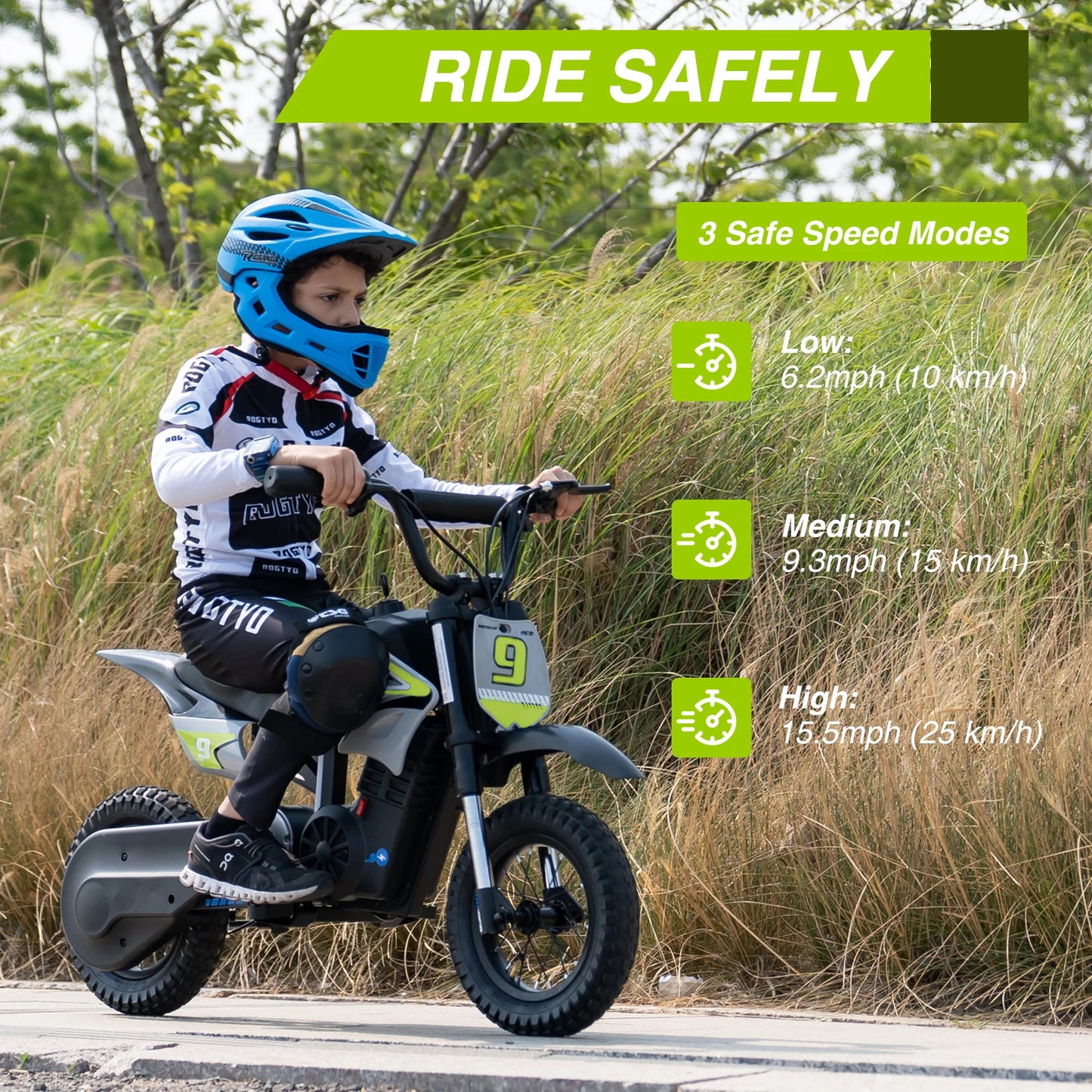 RCB Electric Motorcycle Kids, 36V 350W R9X PRO- Up 25KM/H &16KM Long-Range, 3-Speed