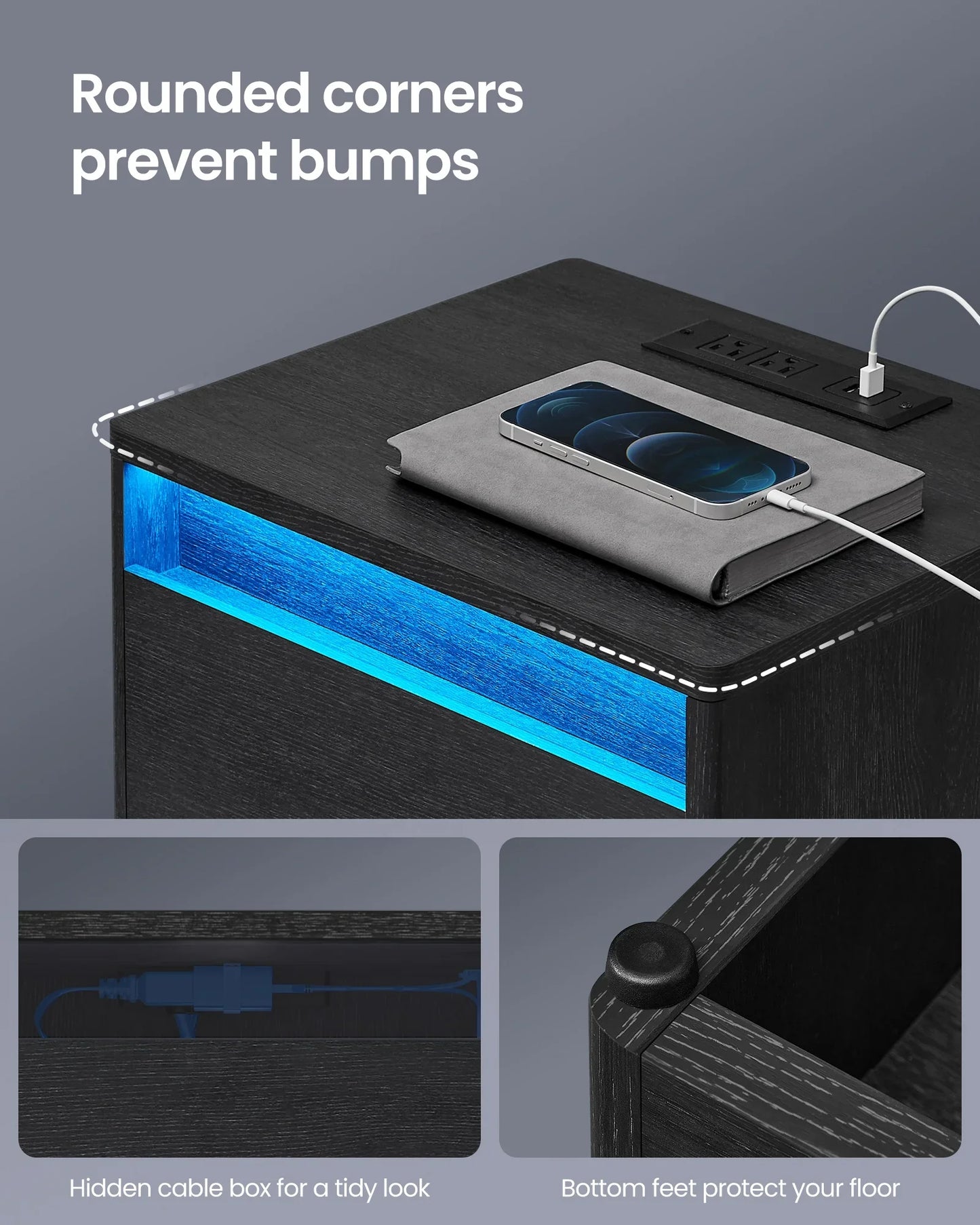 Table De Chevet Inteligente Smart Beside Table Usb Led Black Nightstand With Charging Station