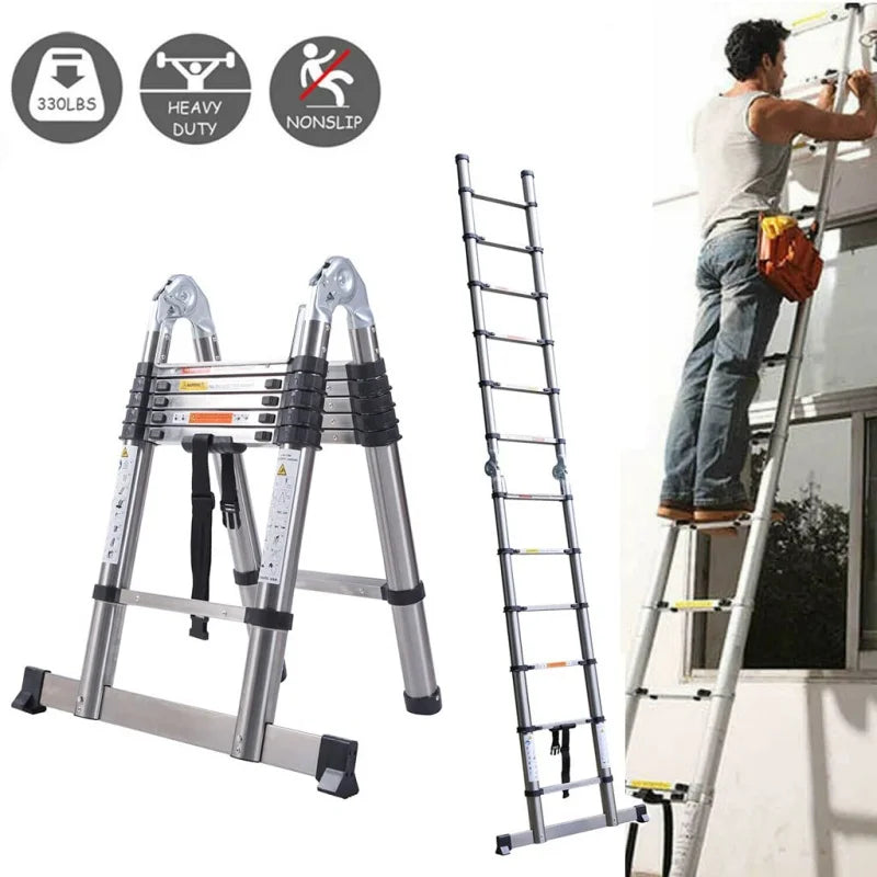 Heavy Duty Steel Telescopic Ladder 3.8m/5m A-Frame, 150kg Load Anti-Slip Stable w Stabilisers