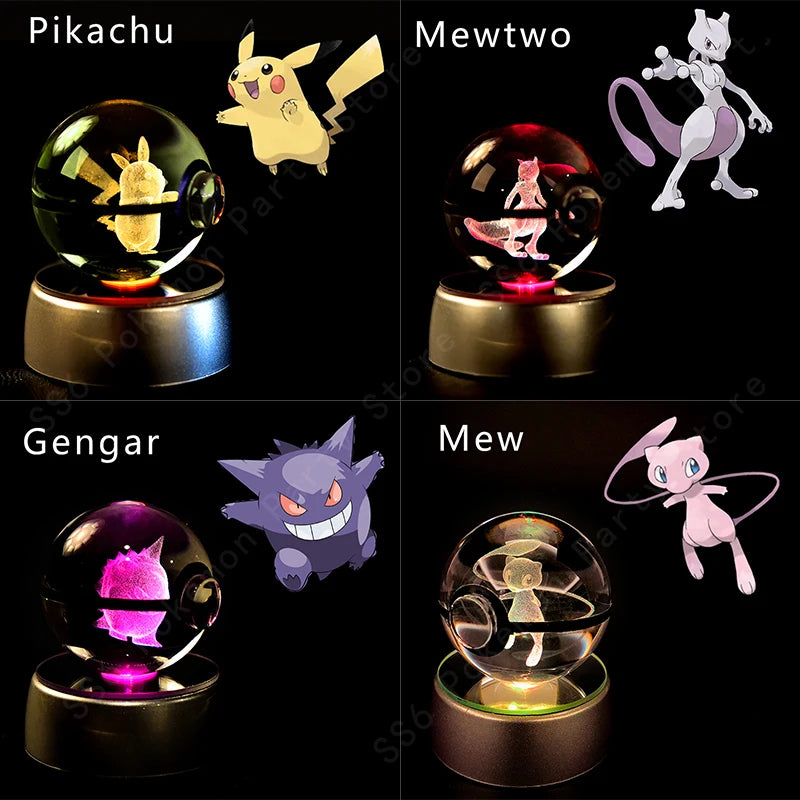 Pokemon Crystal Ball 3D Pikachu Gengar Mewtwo Night Light Lamp