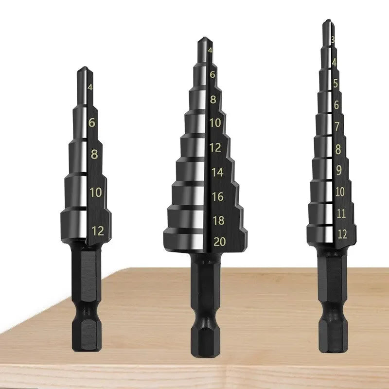 3pc Black Hexagonal Shank Straight Slot Ladder Drill Bit Reaming and Hole Opening Drill Tool Set