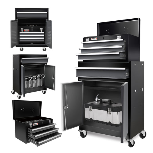 Double Door Four Drawer Rolling Tool Chest, Lockable Detachable Top Large Tool Cabinet, Padded Metal Toolbox