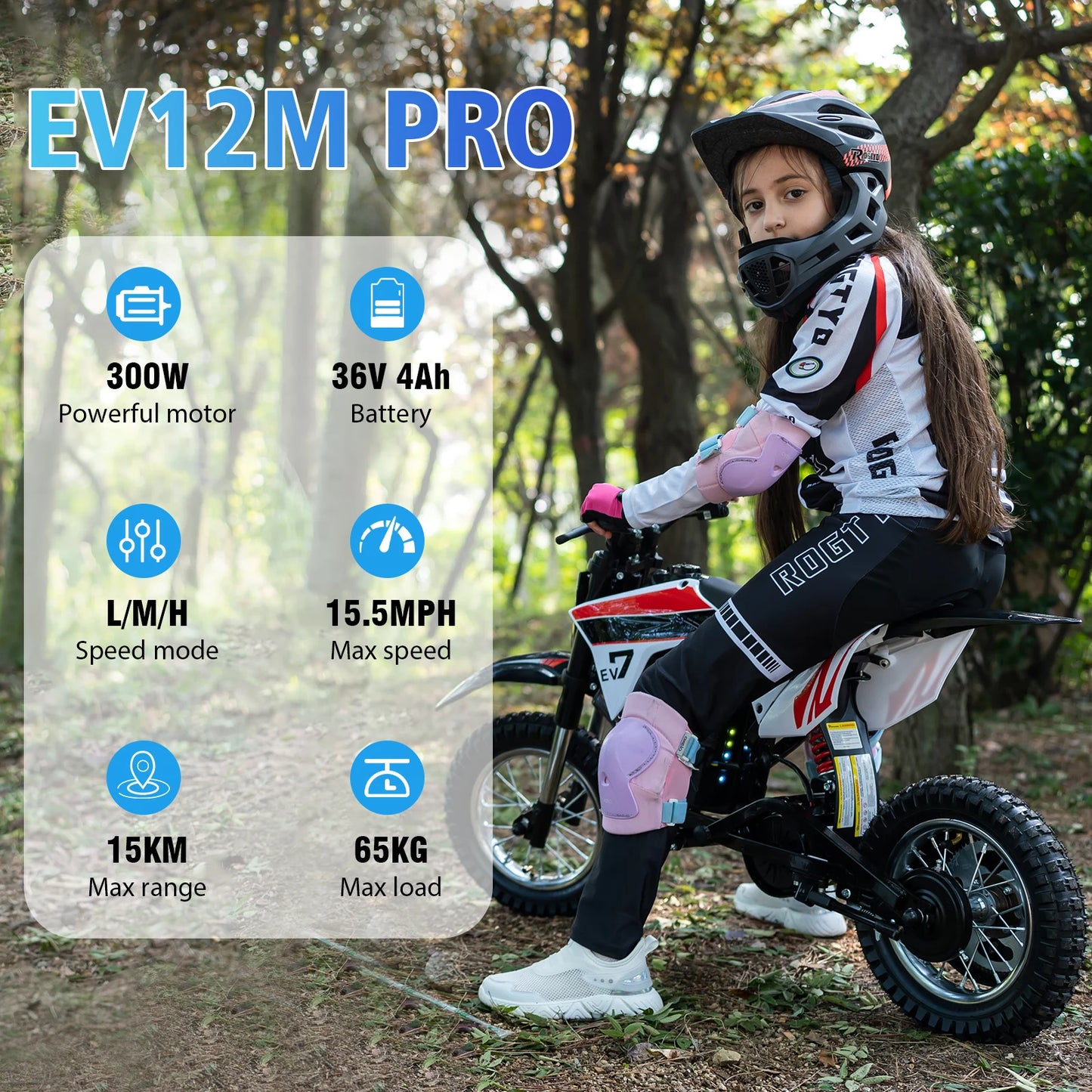 Children's Electric Dirt Bike EVERCROSS PLUS EV12M Pro - 300W, 25 km/h, 15 km Range, Bluetooth & LED, 12'' Tires