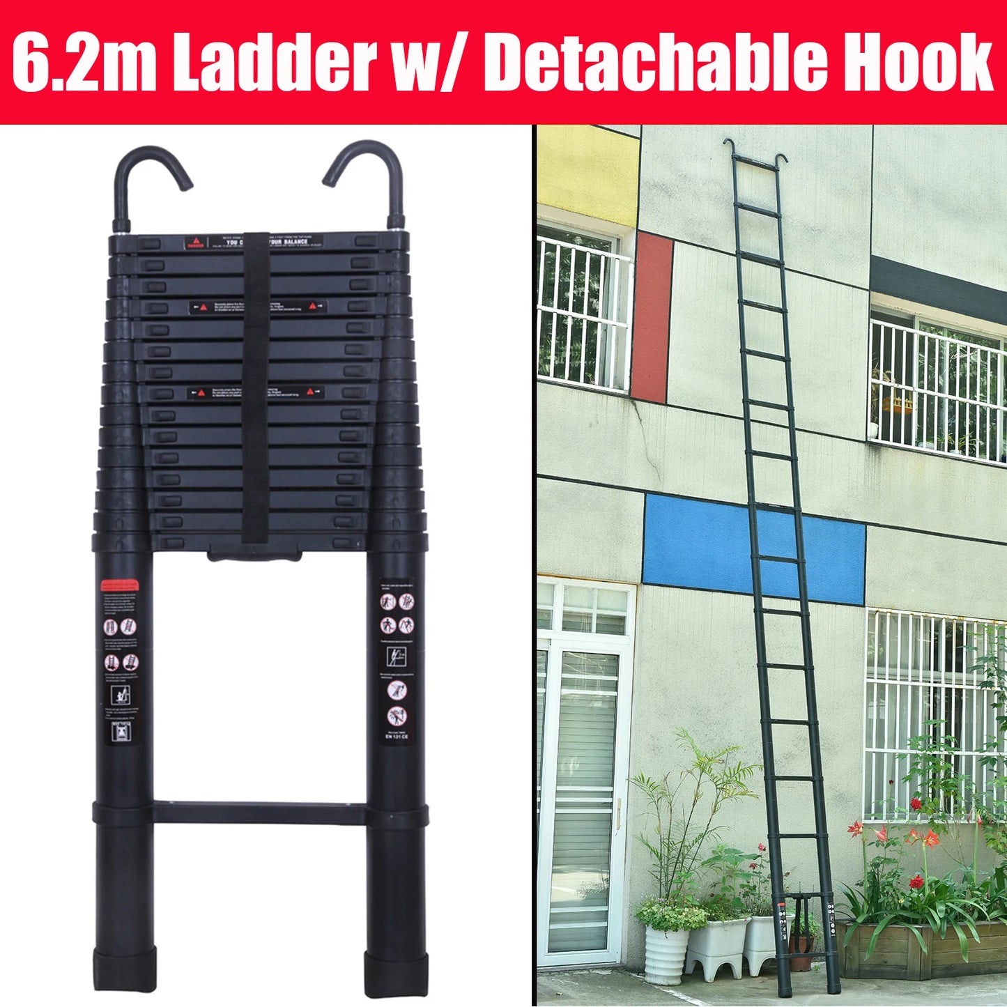Telescopic Ladder 2.6m-6.2m, Portable Extendable Multi-Purpose Folding Aluminium Ladder Heavy Duty Extension Step