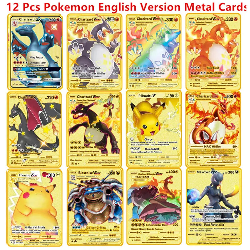 Pokemon English Metal Card Anime Pikachu Charizard Mewtwo Blastoise Vmax Shiny Letters Collection