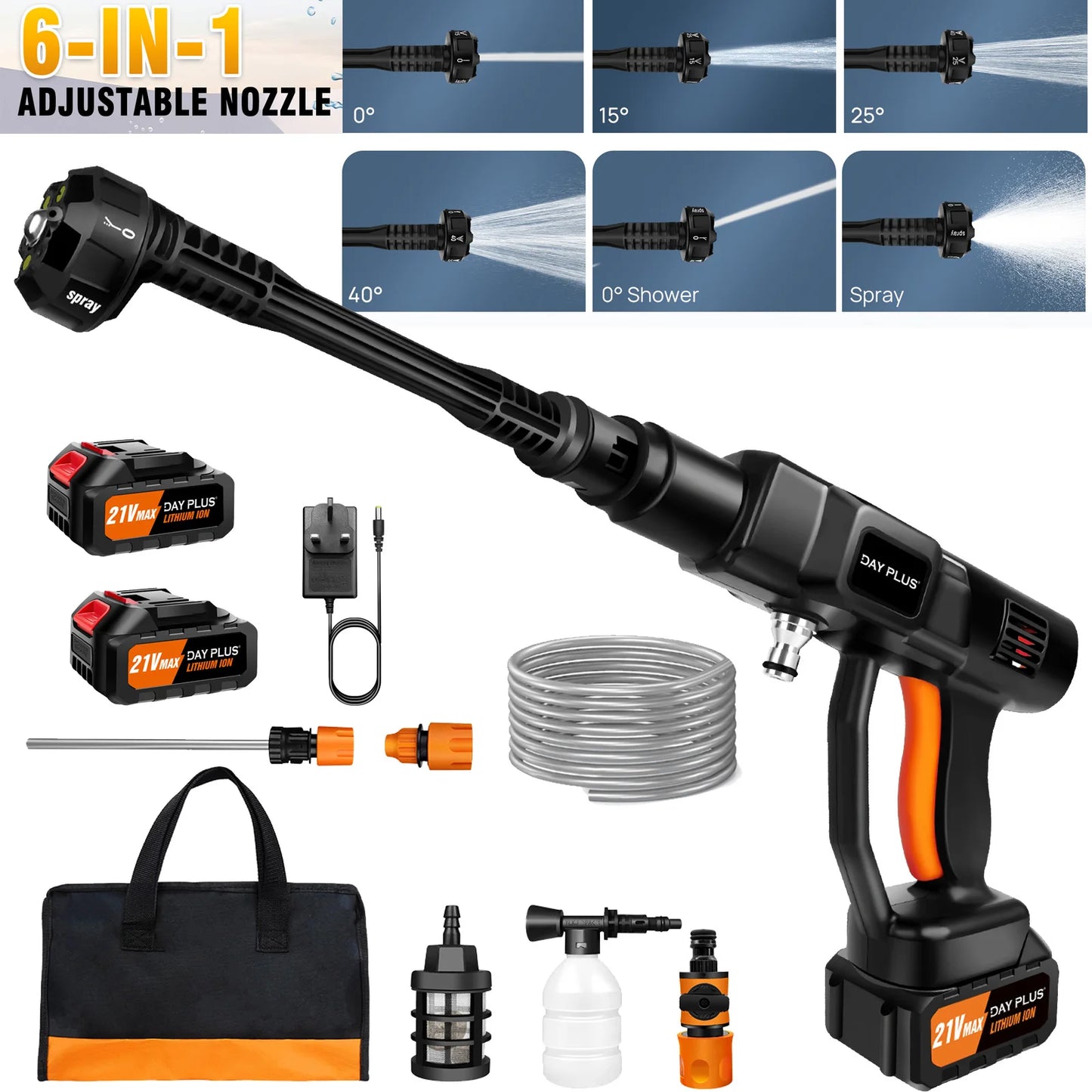 DayPlus Cordless Pressure Washer,6-in-1 Portable 150bar 3.0Ah Battery for Floor/Garden Cleaning