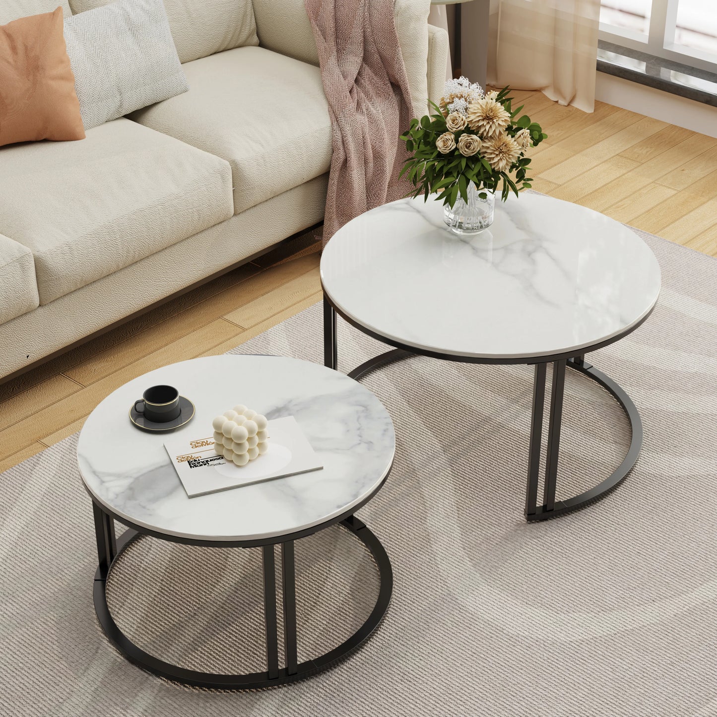 Modern Nesting Coffee Table Set of 2, Center Table with Sintered Stone Top and Metal Base for Living Rooms, Apartments