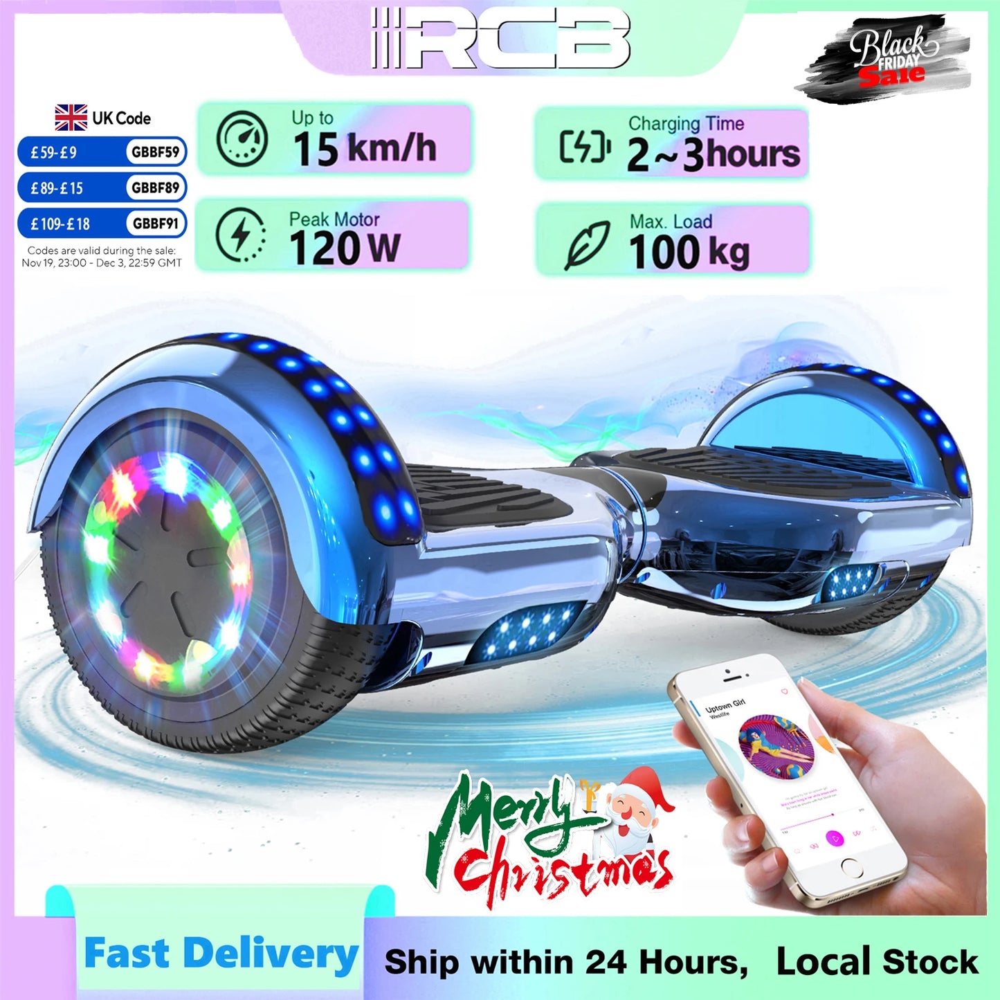 RCB Hoverboards for kids, 6.5 Inch Two-Wheel Self Balancing Electric Scooter with Bluetooth Speaker, LED Lights