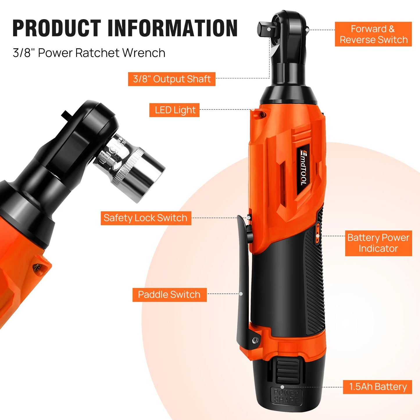 3/8’ 12 V Extended Cordless Ratchet for Car Repair, DIY Work, Automotive