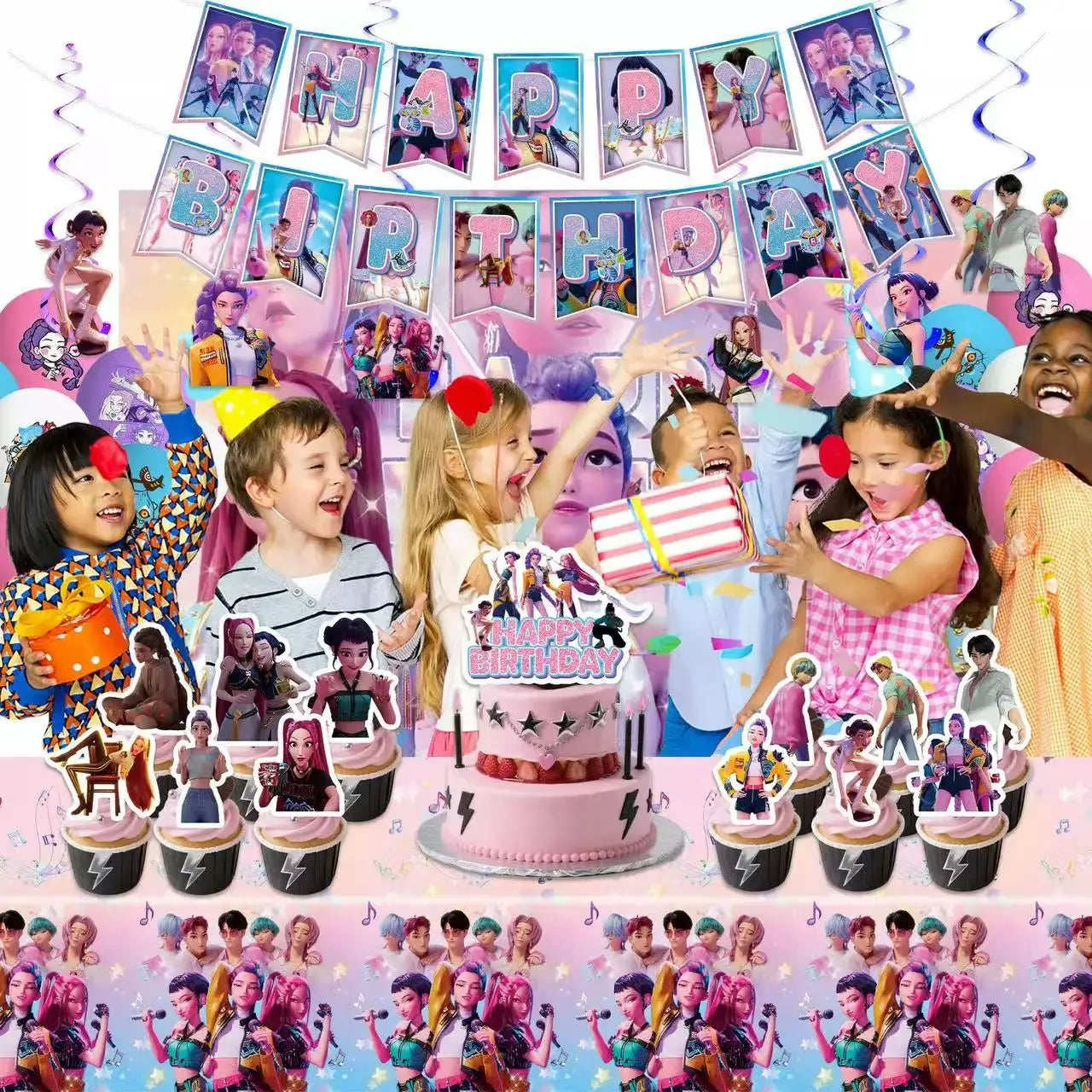 NEW Kpop Demon Hunter Decoration Birthday Supplies Kpop Birthday Theme Ballons Plate Cup Napkin Gift Bag Background Party Favor