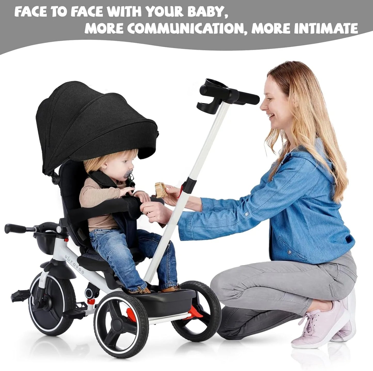 Ubravoo Baby Stroller Tricycle Ride Bike , 5-in-1, Adjustable Canopy, Sitting & Lying, Celerity Disassembly & Assembly, 1-5 Years