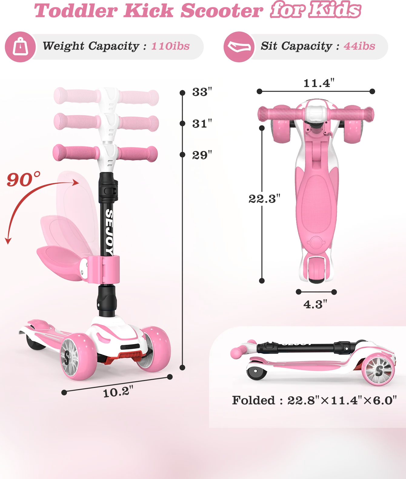 SEJOY Kick Scooter for Kids with 3 Light Up Wheels and Adjustable Height, Foot Scooters