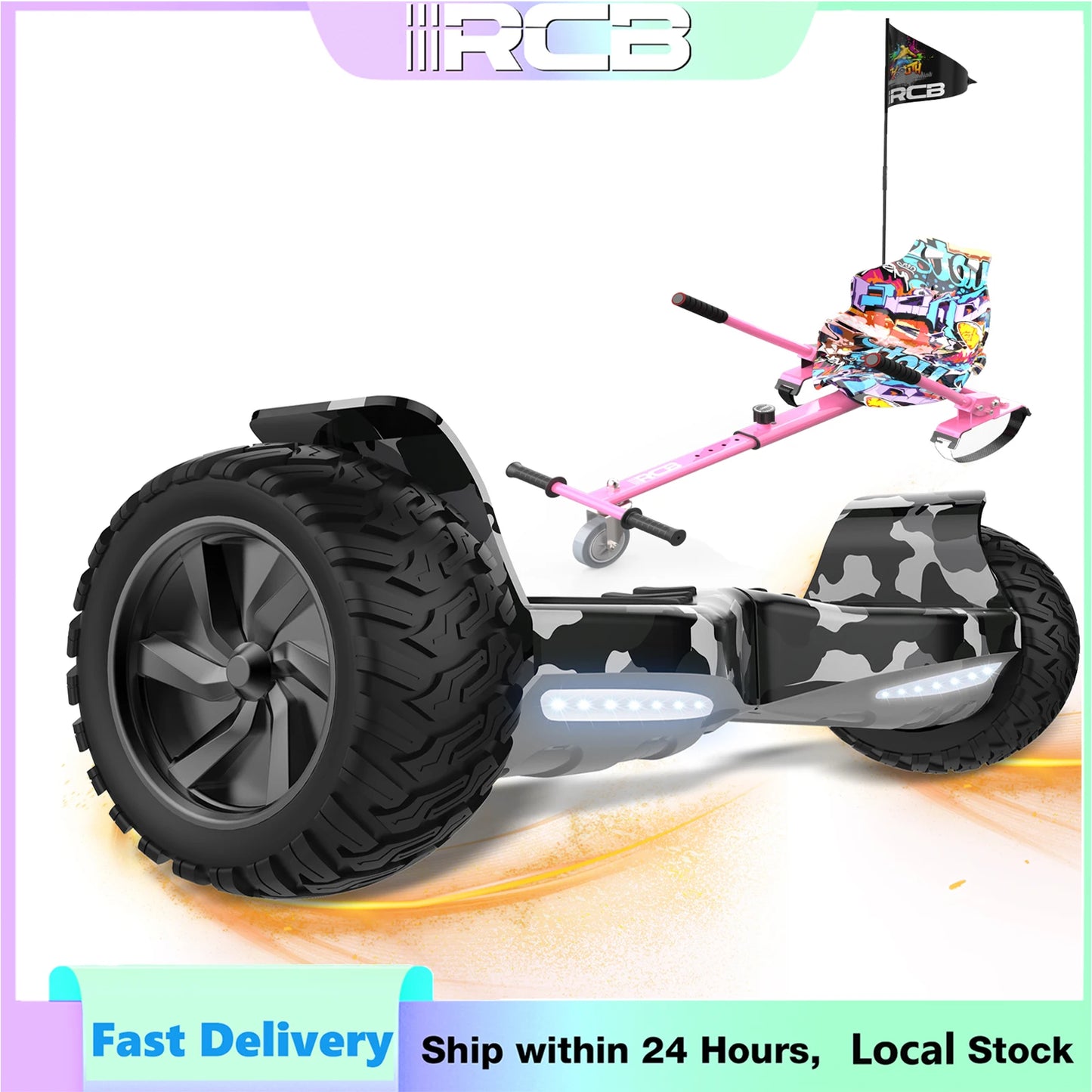 RCB 8.5" All Terrain Hoverboard with Hoverkart, Self Balancing Electric Scooter with LED and Speaker