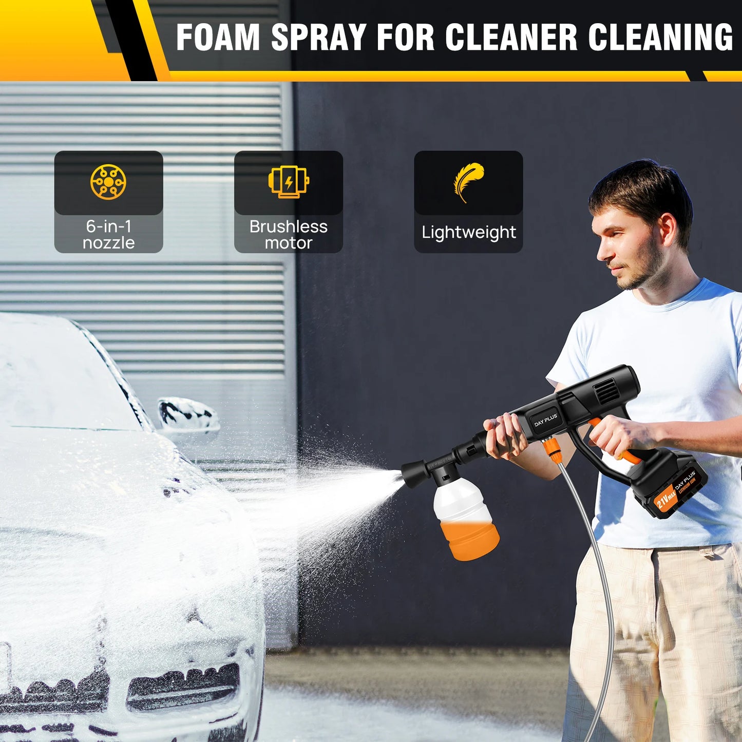 DayPlus Cordless Pressure Washer,6-in-1 Portable 150bar 3.0Ah Battery for Floor/Garden Cleaning
