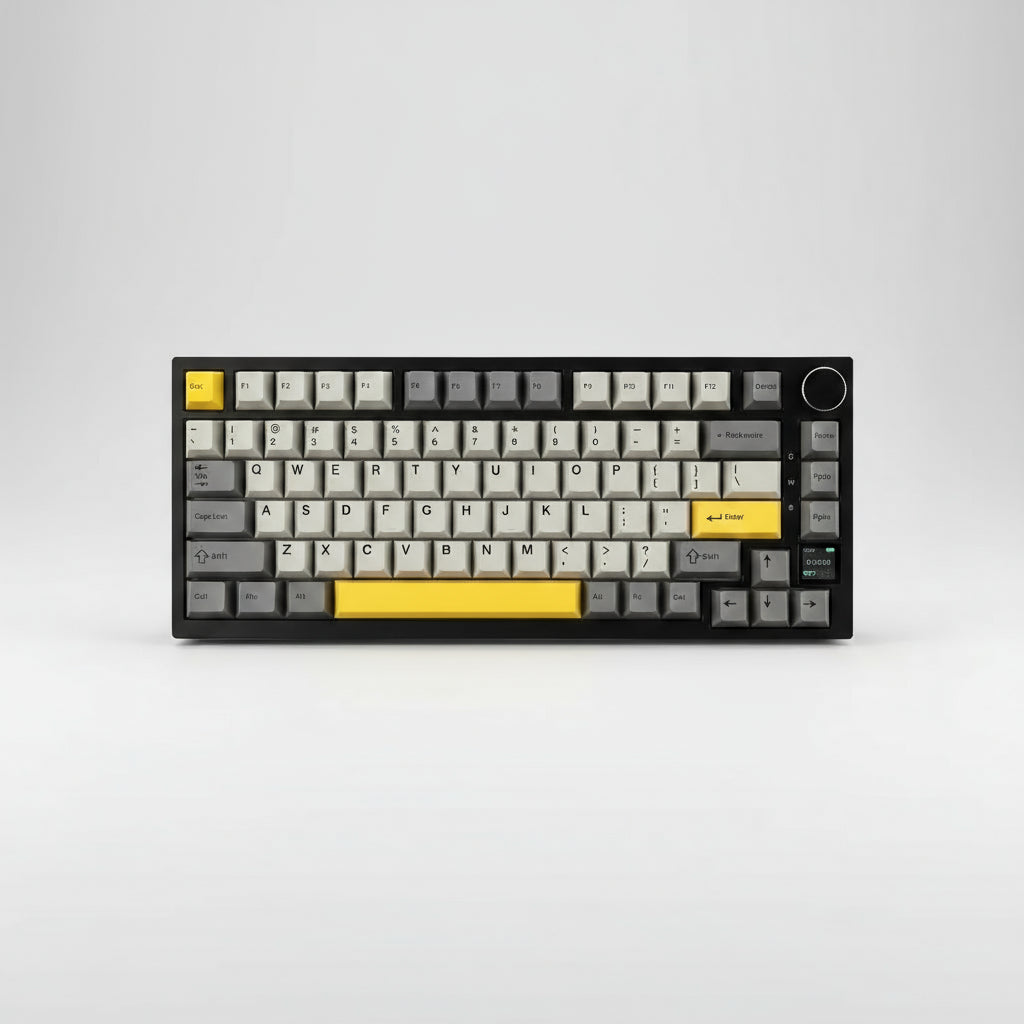 Mechanical keyboard with TFT screen on a dark background, featuring the AJAZZ brand.
