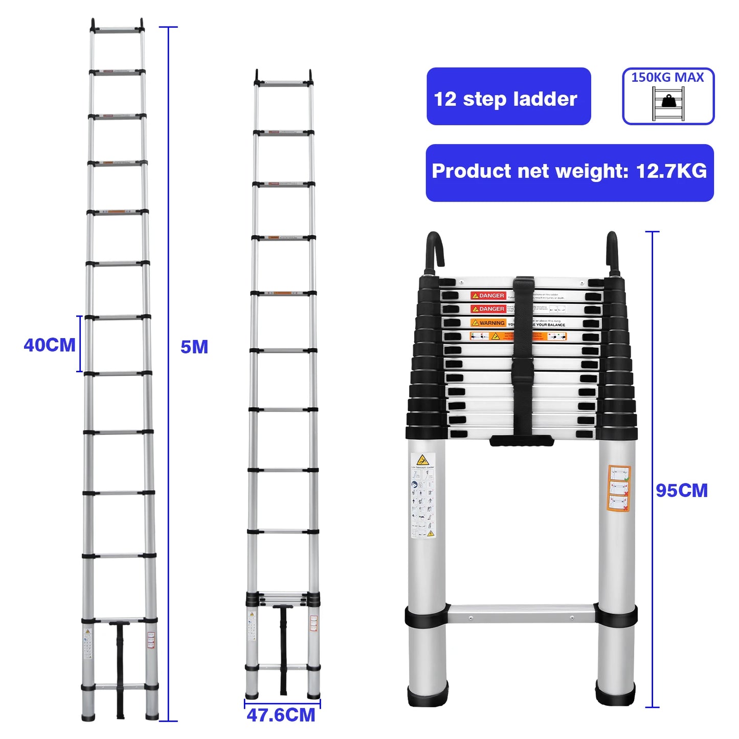 Multi-Size Aluminium Telescopic Ladder with Non-Slip Feet,Adjustable Lightweight Ladder
