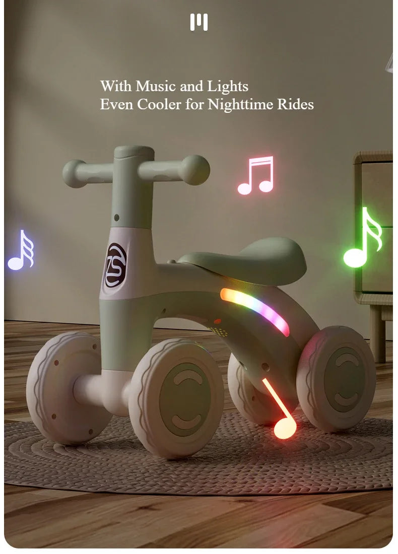Anti-Tip Baby Balance Bike Ages 1-3 4-Wheel Silent Glider Walker Training Ride-On with Safety Wheels