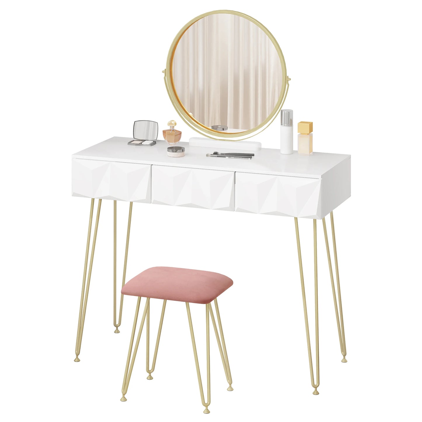 1SET White Gold Dressing Table with 360° Swivel Mirror 3D Effect Velvet Stool Cosmetic Makeup Dressers for Bedroom