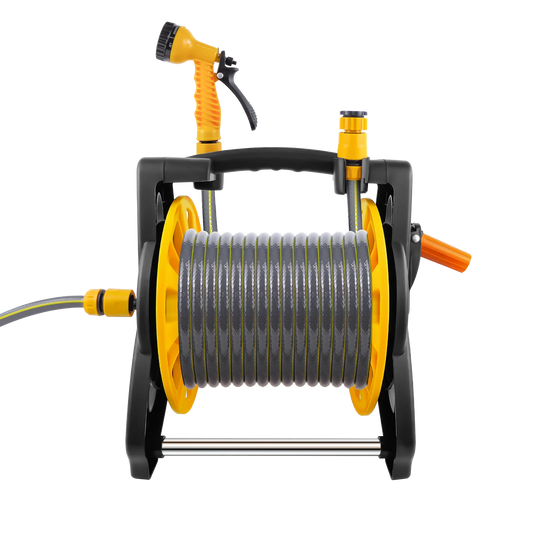 15/25/30M Garden Hose Reel Floor Standing Heavy Duty with Nozzle 7 Patterns & Fittings