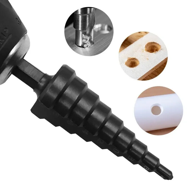 3pc Black Hexagonal Shank Straight Slot Ladder Drill Bit Reaming and Hole Opening Drill Tool Set