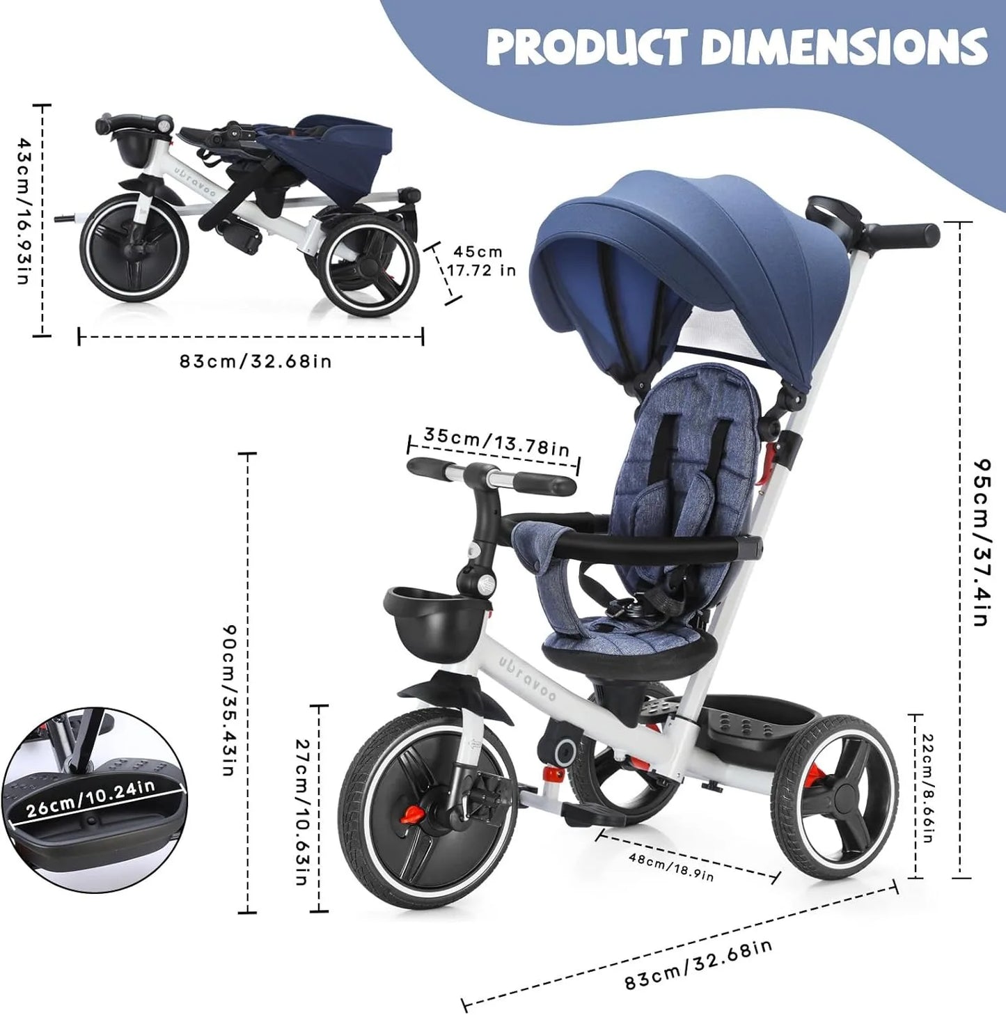 Ubravoo Baby Stroller Tricycle Ride Bike , 5-in-1, Adjustable Canopy 1-5 Years