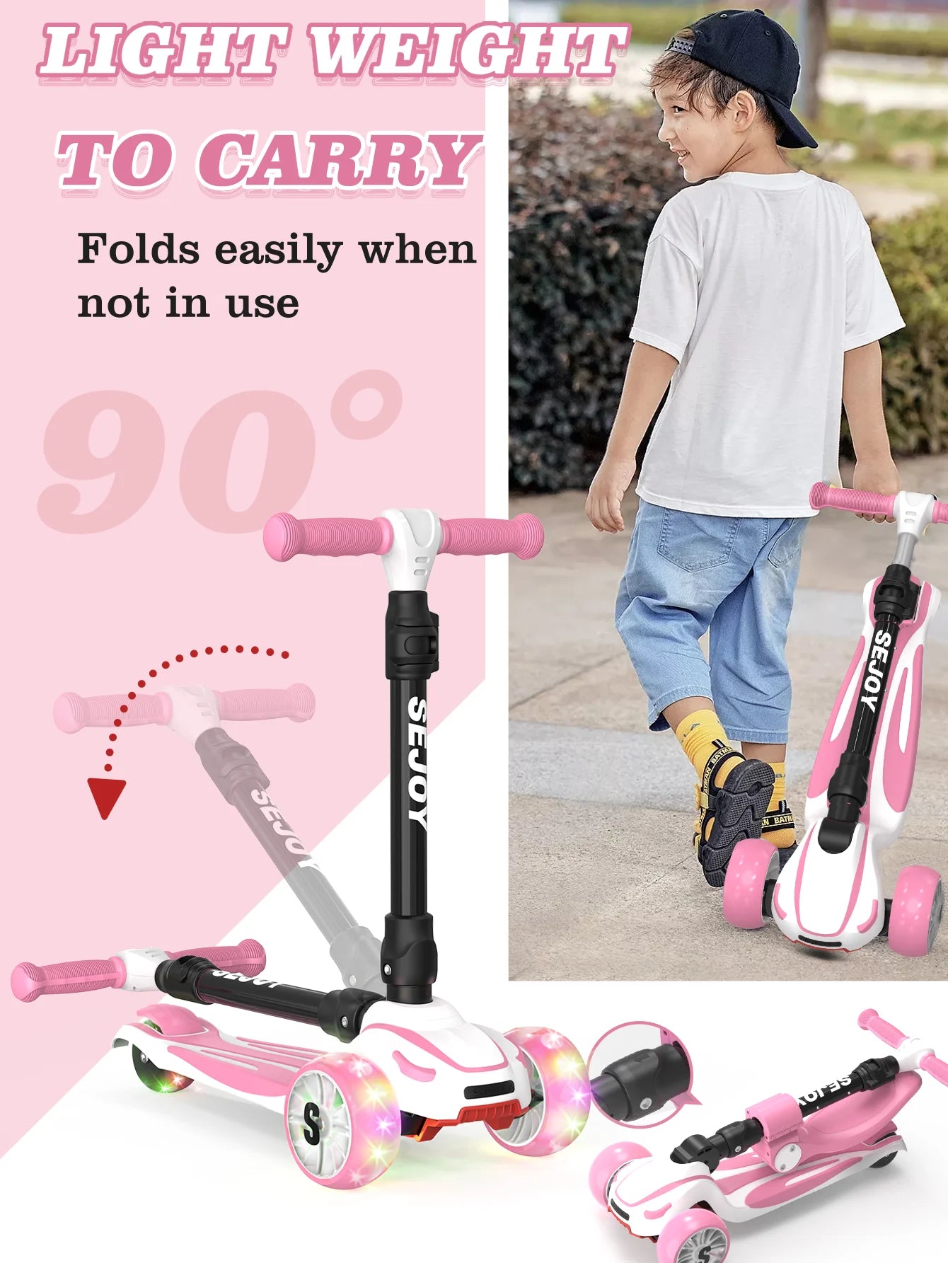 SEJOY Kick Scooter for Kids with 3 Light Up Wheels and Adjustable Height, Foot Scooters