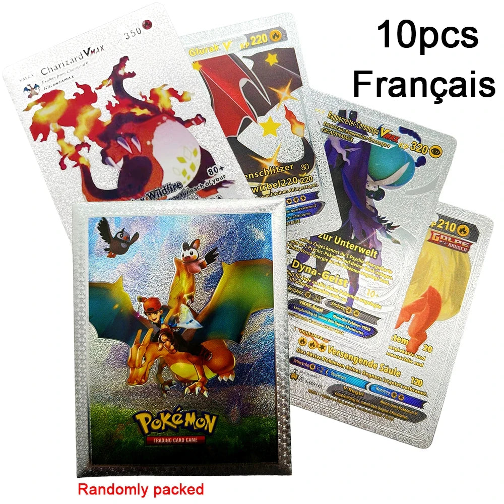 10-55Pcs Pokemon Gold Foil Cards Golden Letters English Spanish French German Game Card Metalicas Charizard Vmax Gx Series