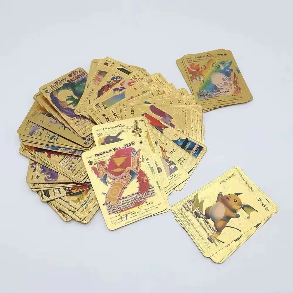 10-55Pcs Pokemon Gold Foil Cards Golden Letters English Spanish French German Game Card Metalicas Charizard Vmax Gx Series