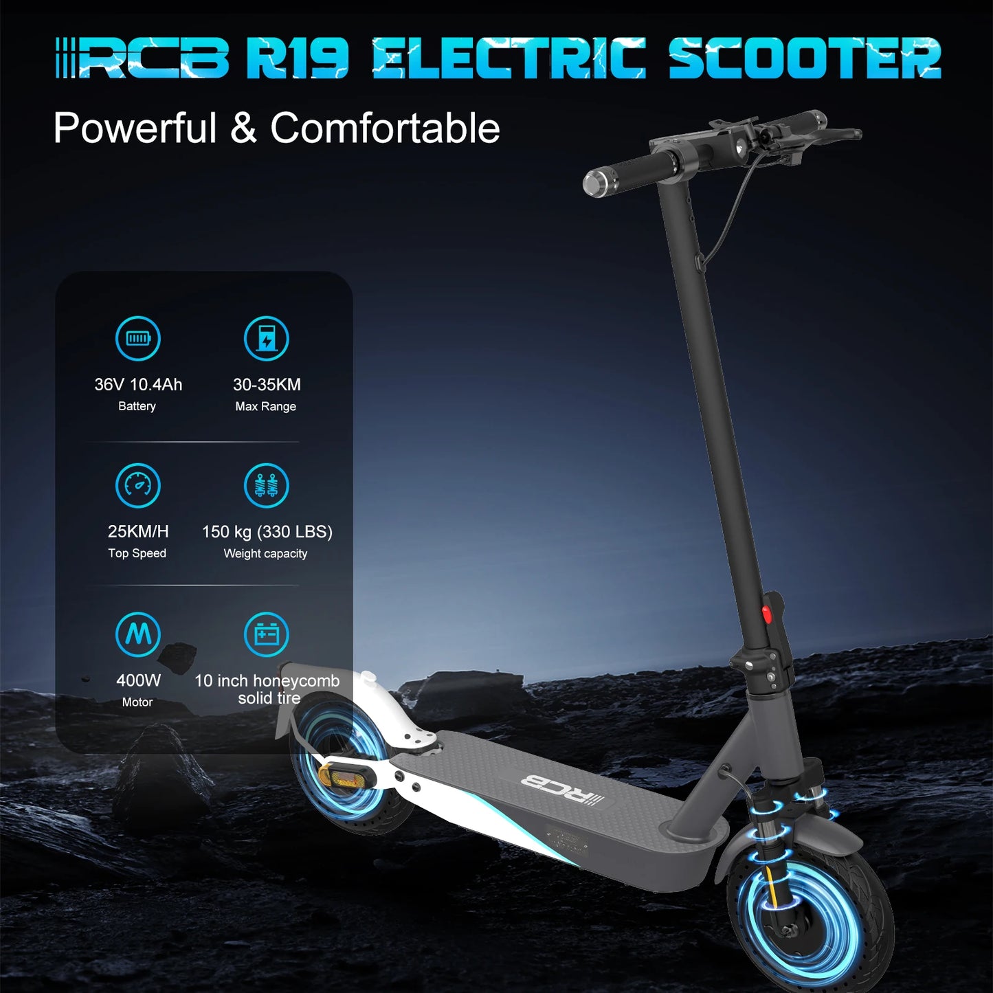 RCB 10" Electric Scooter Adult R19, 30-35 Km Range, Max Speed 25 km/h and 150kg Load, 3 Speed Settings, App Control