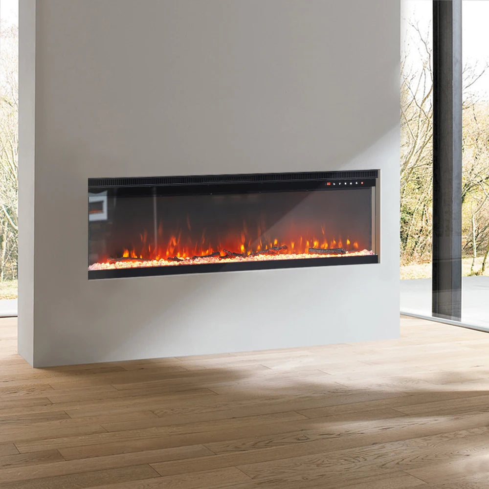 Recessed/Freestanding 3-sided Tempered Glass Front Electric Fireplace, 12 Flame Colors, 1500W 40&50 Inch
