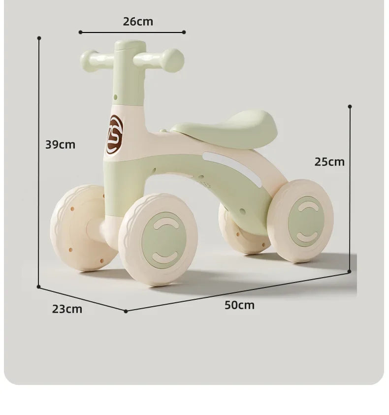 Anti-Tip Baby Balance Bike Ages 1-3 4-Wheel Silent Glider Walker Training Ride-On with Safety Wheels