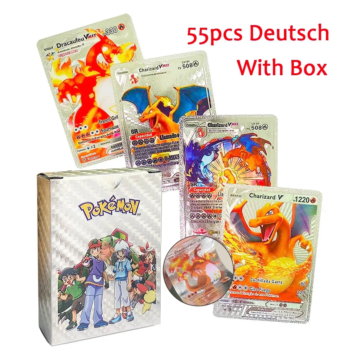 10-55Pcs Pokemon Gold Foil Cards Golden Letters English Spanish French German Game Card Metalicas Charizard Vmax Gx Series