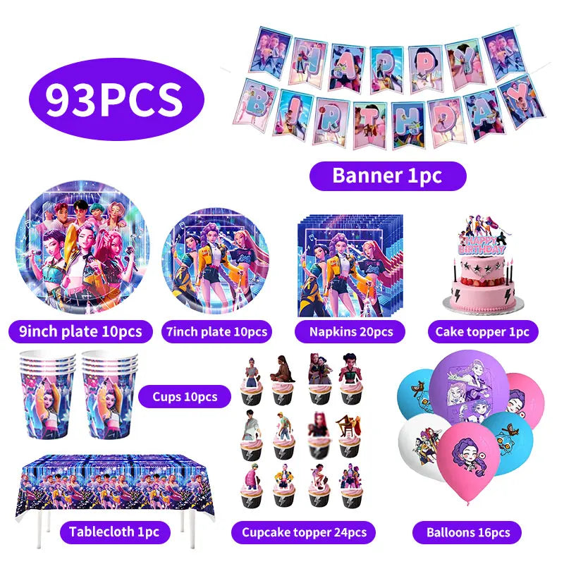 NEW Kpop Demon Hunter Decoration Birthday Supplies Kpop Birthday Theme Ballons Plate Cup Napkin Gift Bag Background Party Favor