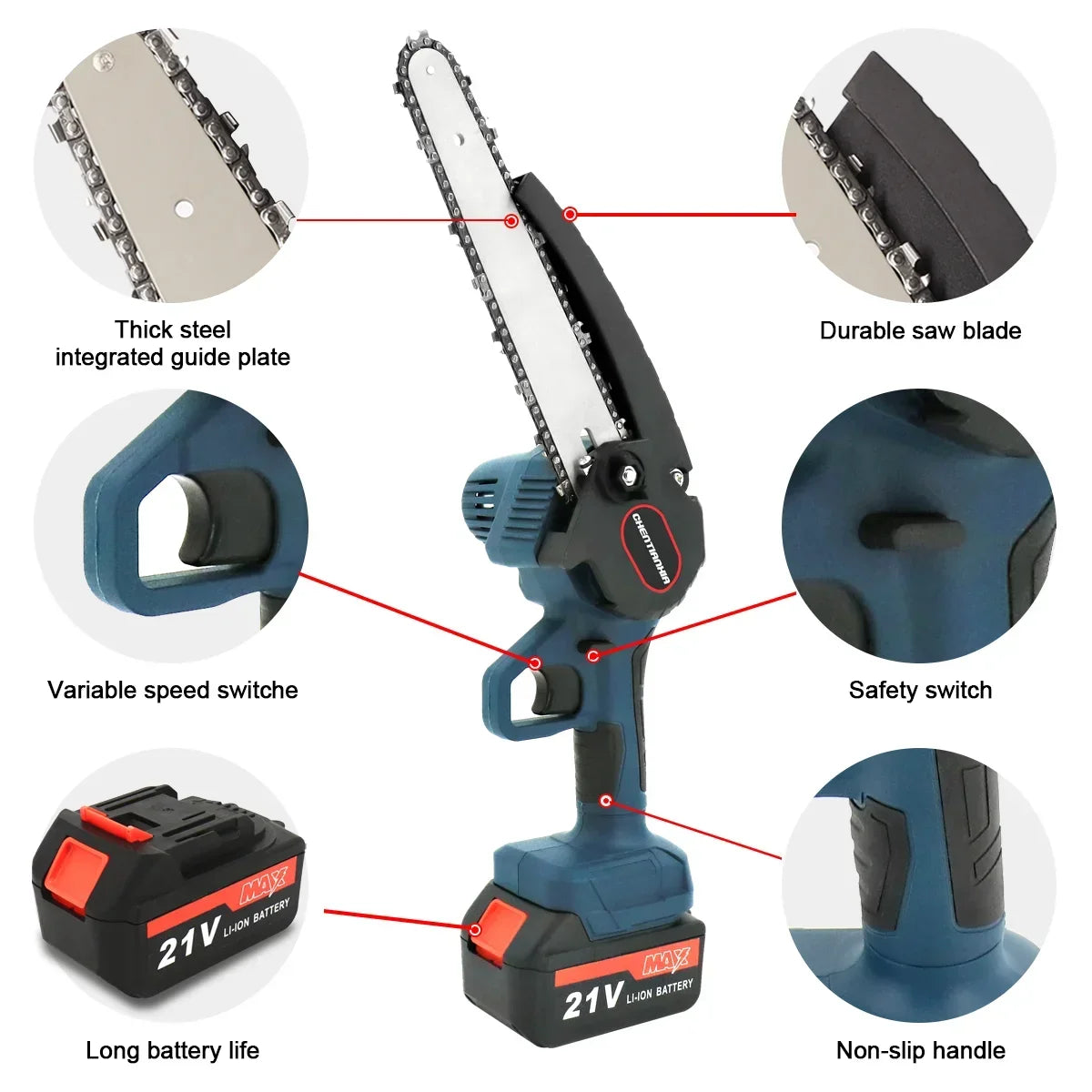 4000W 8'' Mini Cordless Chainsaw 21V Electric One-Hand Wood Cutter 2 Batteries