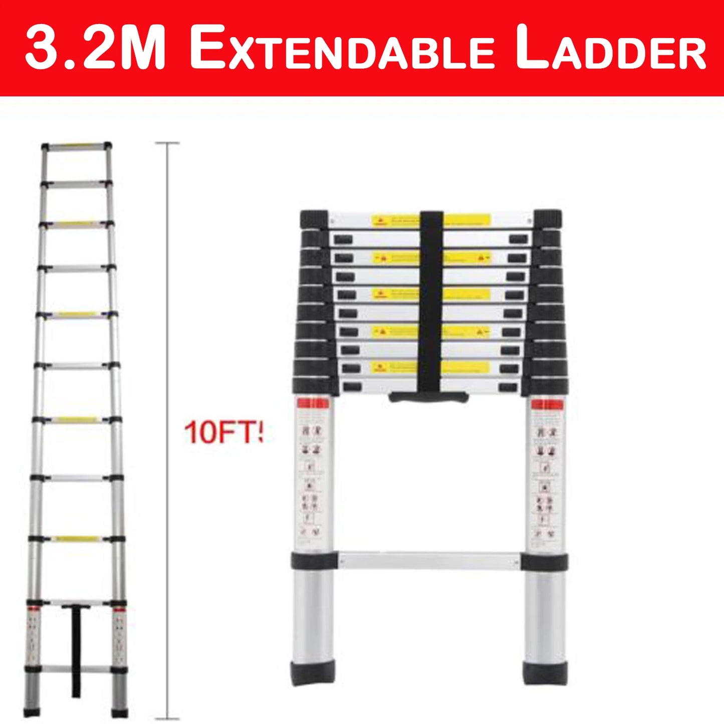 Telescopic Ladder 2.6m-6.2m, Portable Extendable Multi-Purpose Folding Aluminium Ladder Heavy Duty Extension Step