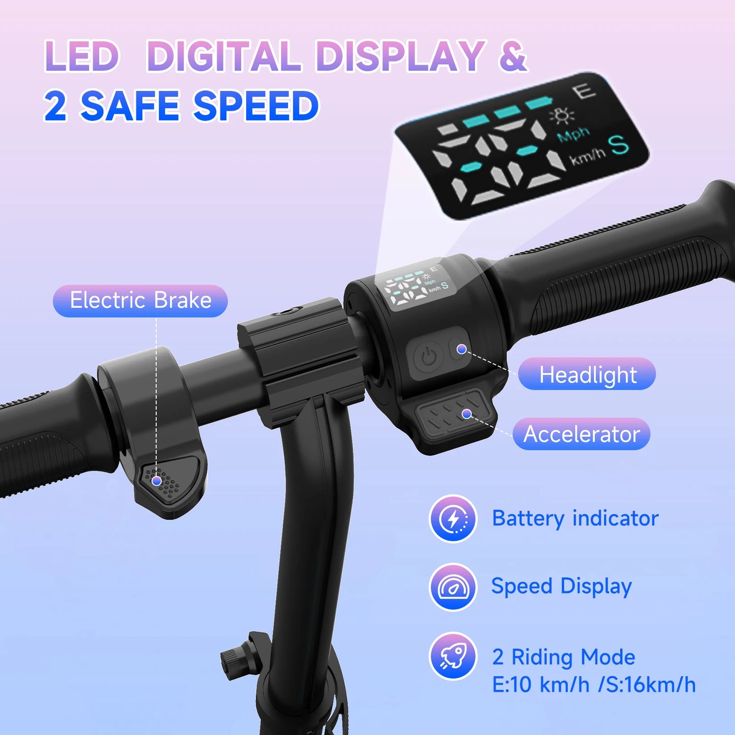 RCB Electric Scooter for Kids Ages 6-12, Up to 16KM/H & 8KM, LED Display Lightweight