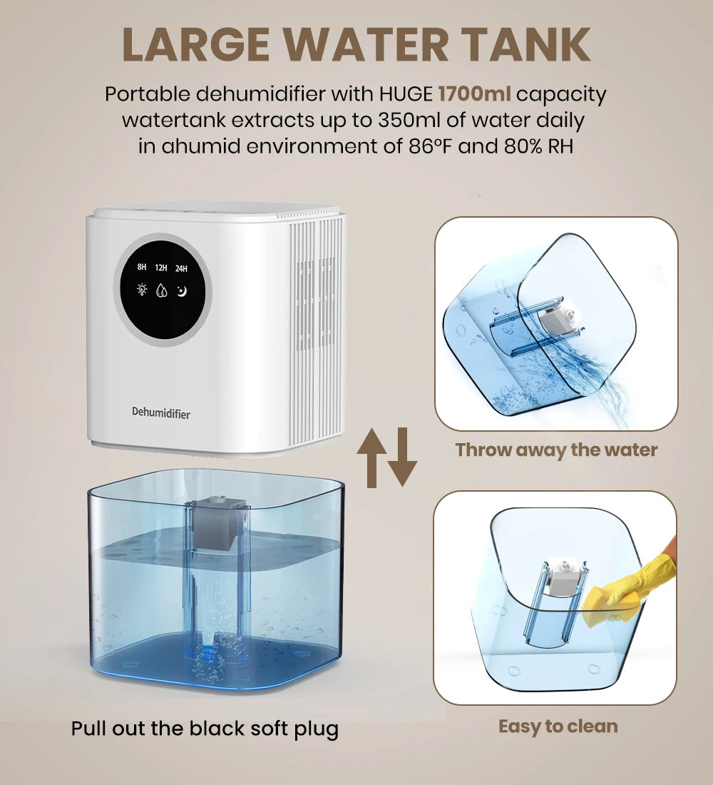 Portable Dehumidifier With 35 Ounces Capacity, Silent Operation, With Romantic Colorful Lights, Timer Switch