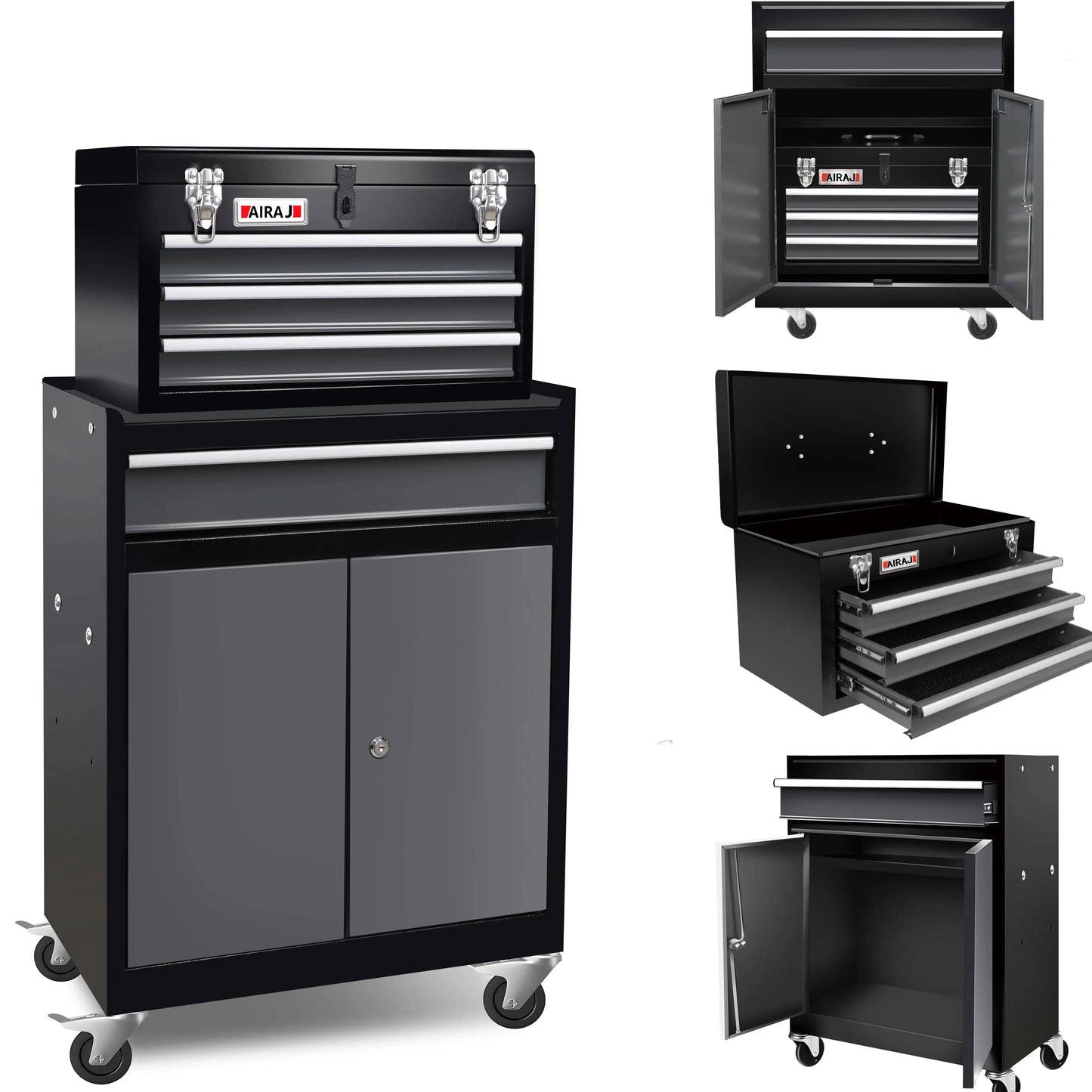 Double Door Four Drawer Rolling Tool Chest, Lockable Detachable Top Large Tool Cabinet, Padded Metal Toolbox