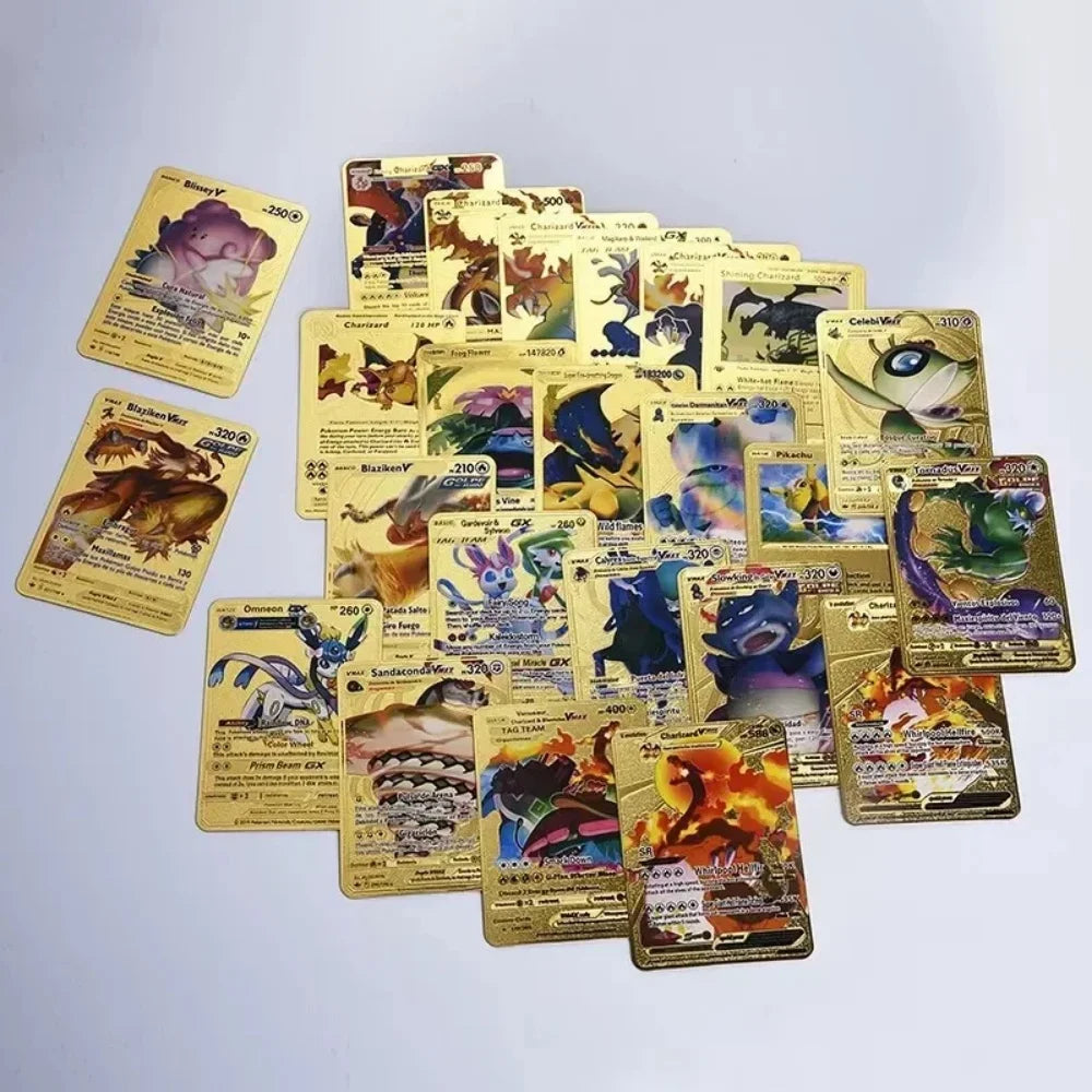 10-55Pcs Pokemon Gold Foil Cards Golden Letters English Spanish French German Game Card Metalicas Charizard Vmax Gx Series