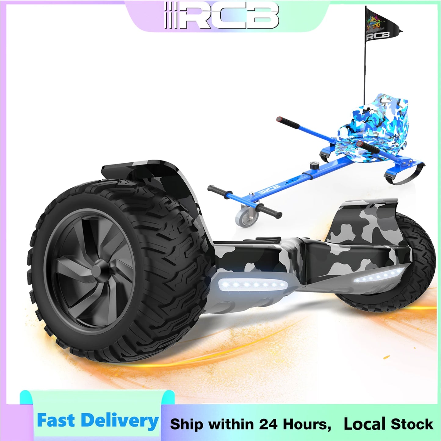RCB 8.5" All Terrain Hoverboard with Hoverkart, Self Balancing Electric Scooter with LED and Speaker